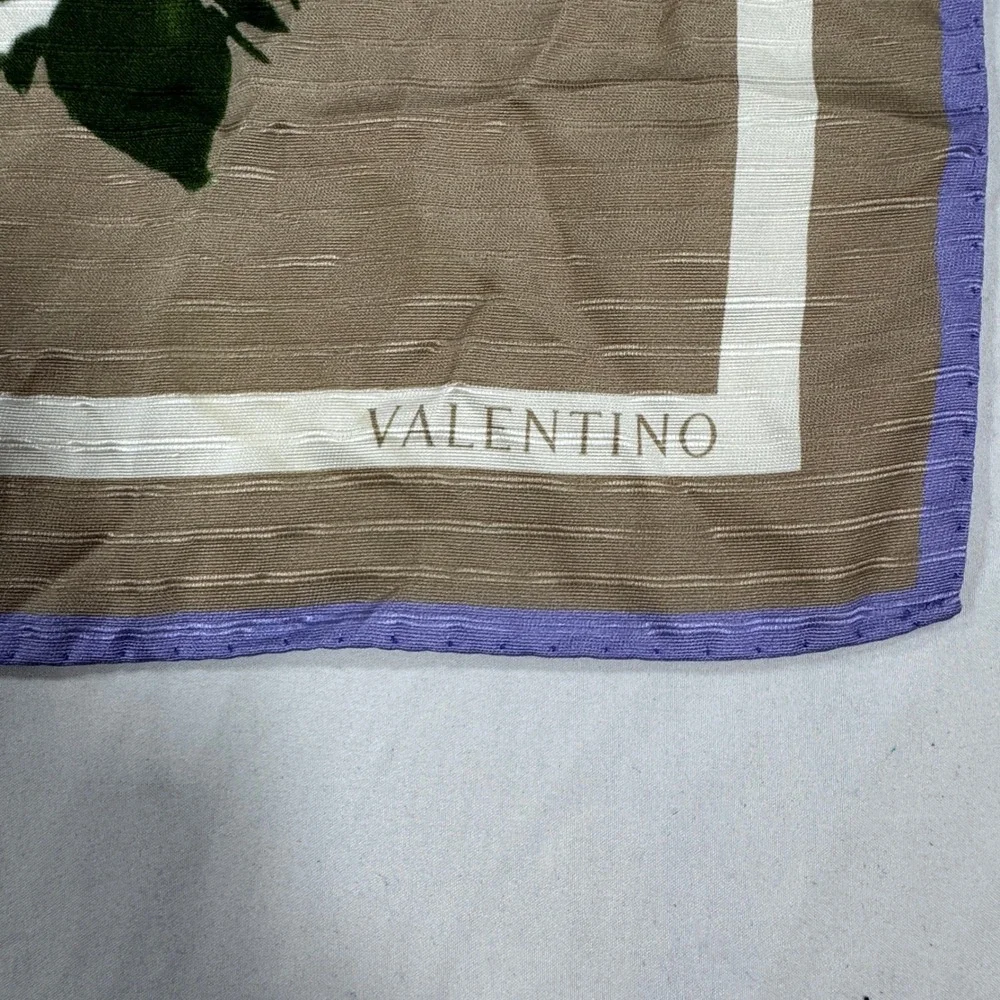 Valentino Silk Scarf Floral Bouquet Tan Purple White Square Made in Italy 34x34